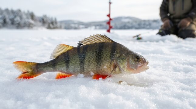 Freshly caught perch lying on snow of frozen lake during ice fishing. Ice auger and angler in background. Winter fishing and cold season outdoor hobby. Freshwater catch concept.