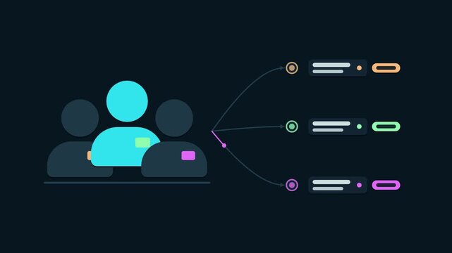Animated assign team roles scene in a modern dark mode style with neon blue and azure accents and placeholder cards on a dark background. Smooth 4K seamless loop with room for text. Widescreen 16:9 fo