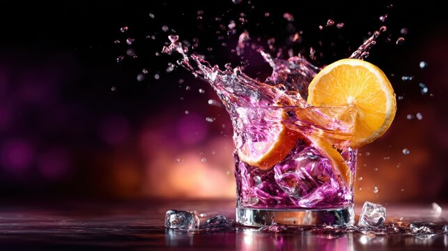 An energetic splash of a vibrant drink with ice and a citrus slice captures the essence of summer refreshment, radiating liveliness and zest in every drop.