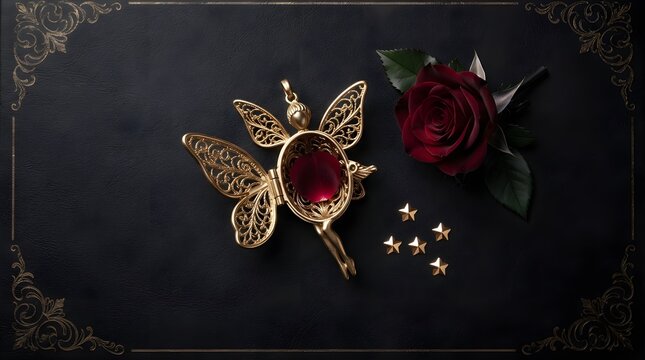 Gold filigree fairy pendant with red gem, dark crimson rose, and sparkling golden stars on an ornate dark background, creating an elegant, romantic still life