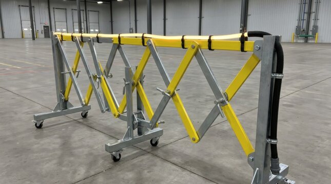 Expandable Accordion Barrier Gate with Yellow Safety Arms on Wheels in Warehouse
