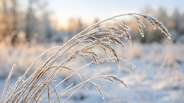 Close up of dry grass covered in frost during a cold winter morning in the countryside