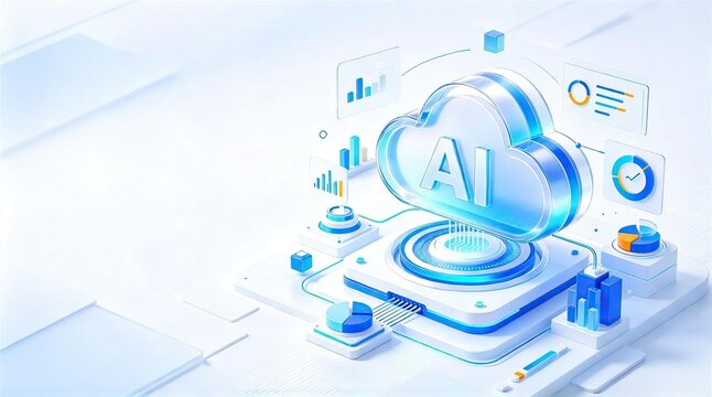 3D isometric artificial intelligence cloud computing concept with blue transparent cloud and multiple data analysis charts on clean light white background for modern big data technology