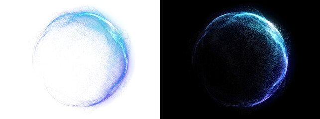 Sphere of scattered cyan and purple particles with a glowing curved edge and a dark center for tech backgrounds in PNG, Transparent and Black Background Versions © Guddoo