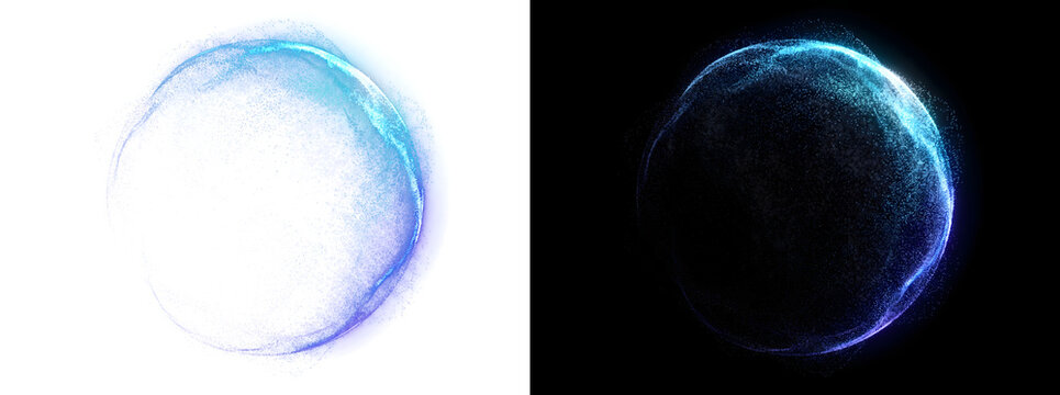 Sphere of scattered cyan and purple particles with a glowing curved edge and a dark center for tech backgrounds in PNG, Transparent and Black Background Versions