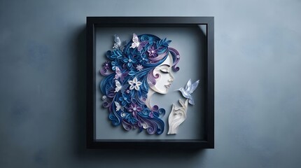 Fototapeta premium Elegant Paper Quilling Art Featuring a Feminine Profile with Intricate Floral Hair Hummingbird and Butterflies in a Black Frame