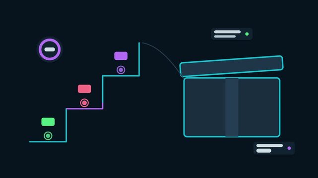 Seamless 4K looping animation illustrating unpack room by room. Flat vector shapes, glowing blue and azure details and dark interface cards with blank text placeholders sit on a deep dark background, 