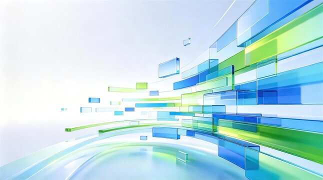Futuristic curved dynamic background with floating transparent blue and green glass rectangles showing digital data flow and modern technology concept