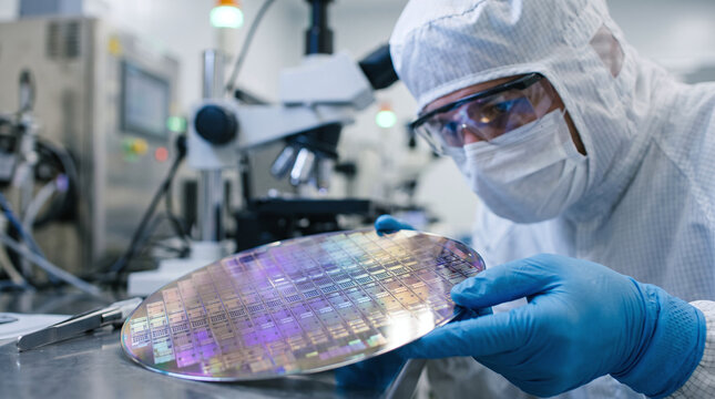 Engineer Examining a Semiconductor Silicon Wafer