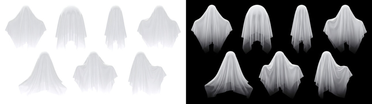 Set of seven white fabric ghost shapes with soft draped folds and fading transparent bottoms for Halloween designs in PNG, Transparent and Black Background Versions