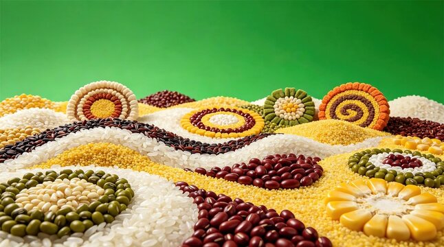 Colorful floral pattern made from assorted whole grains and beans on solid green background representing harvest healthy eating and grain diversity concept