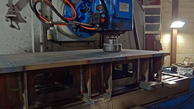 Milling machine surfacing big steel plate in workshop, wide view
