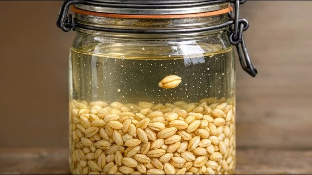 A jar filled with pine nuts sits on a wooden table, perfect for a rustic or natural-themed setting