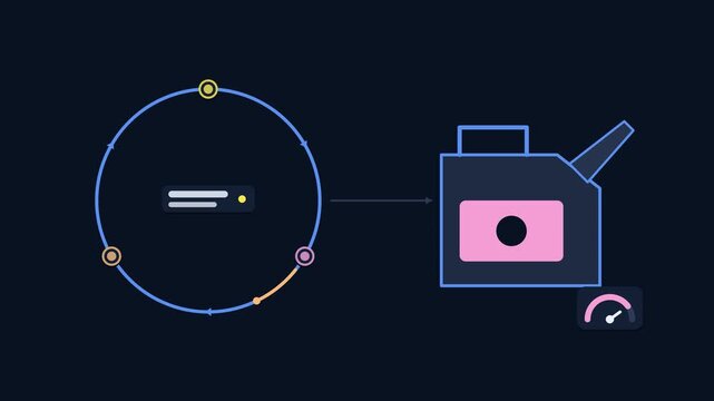 Seamless 4K looping animation illustrating change engine oil. Flat vector shapes, glowing blue and azure details and dark interface cards with blank text placeholders sit on a deep dark background, le