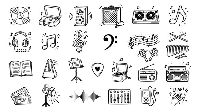 50 Music Doodle Icons Featuring Guitar Drums Headphones Microphone Tape Recorder and Musical Instruments Hand Drawn Vector Set