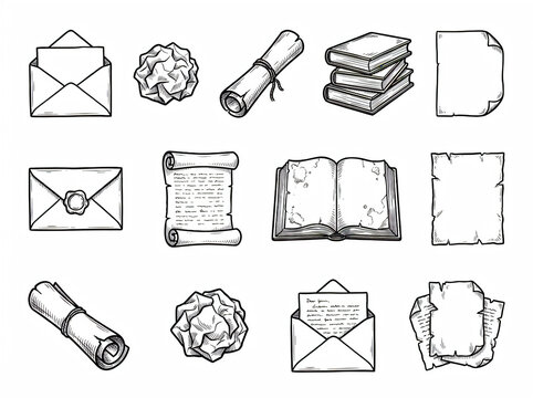 Set of paper items, letters, envelopes, scrolls, books and crumpled paper balls handdrawn sketch vector illustration, isolated on white background