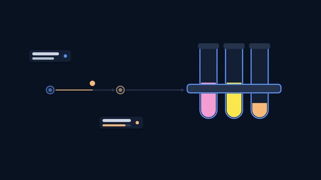 Seamless 4K looping animation illustrating get lab tests. Flat vector shapes, glowing blue and azure details and dark interface cards with blank text placeholders sit on a deep dark background, leavin