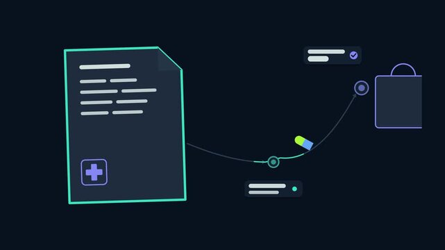 Seamless 4K looping animation illustrating fill prescription. Flat vector shapes, glowing blue and azure details and dark interface cards with blank text placeholders sit on a deep dark background, le