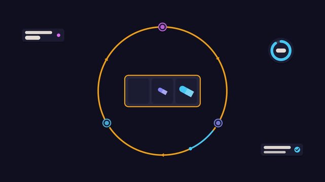 Seamless 4K looping animation illustrating take daily medicine. Flat vector shapes, glowing orange and amber details and dark interface cards with blank text placeholders sit on a deep dark background