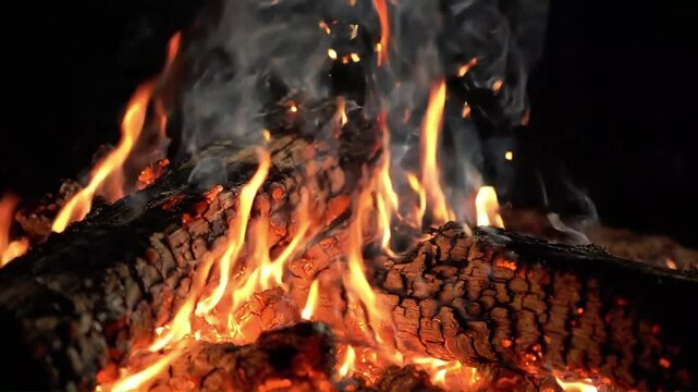 Macro extreme close-up of a burning campfire, mesmerizing dancing flames and swirling plumes of smoke rising slowly in extreme slow motion against a dark background with detailed textures.