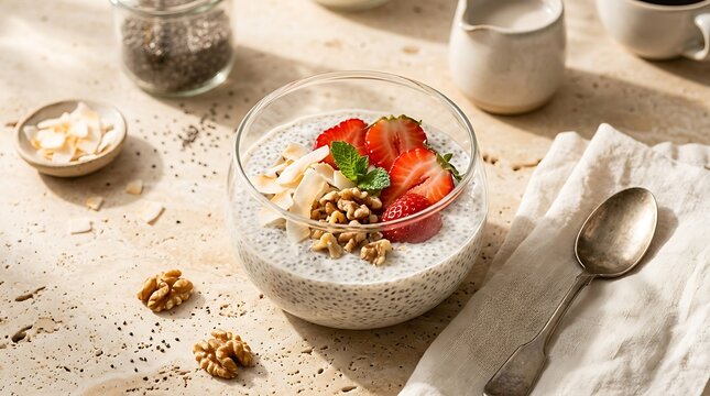 Healthy breakfast bowl with yogurt granola strawberries and walnuts on a light stone table surface. keto chia pudding