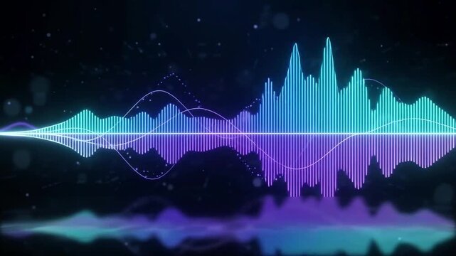 Futuristic Neon Audio Waveform Animation with Blue and Purple Sound Waves, Equalizer Bars and Glowing Particles on Dark Background