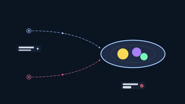 Seamless 4K looping animation illustrating plate the meal. Flat vector shapes, glowing blue and azure details and dark interface cards with blank text placeholders sit on a deep dark background, leavi