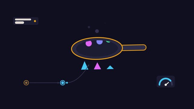 Seamless 4K looping animation illustrating cook on stove. Flat vector shapes, glowing blue and azure details and dark interface cards with blank text placeholders sit on a deep dark background, leavin