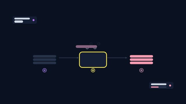 Seamless 4K looping animation illustrating wash the dishes. Flat vector shapes, glowing blue and azure details and dark interface cards with blank text placeholders sit on a deep dark background, leav