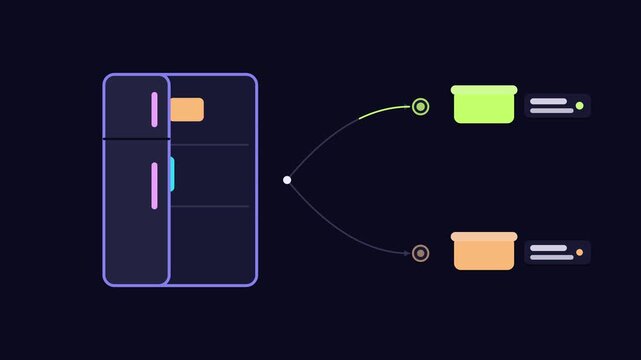 Seamless 4K looping animation illustrating store leftovers. Flat vector shapes, glowing blue and azure details and dark interface cards with blank text placeholders sit on a deep dark background, leav