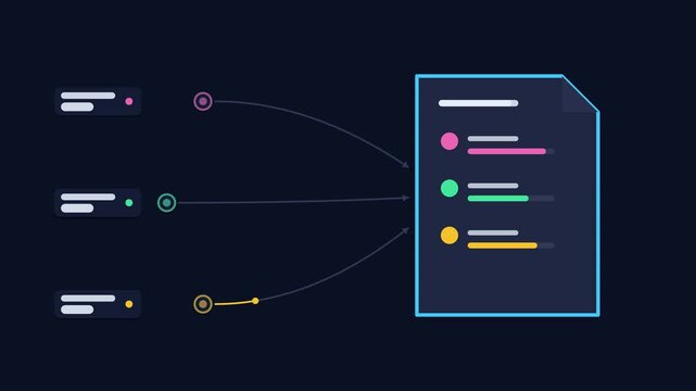 Seamless 4K looping animation illustrating school report card. Flat vector shapes, glowing blue and azure details and dark interface cards with blank text placeholders sit on a deep dark background, l