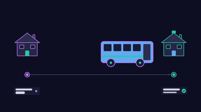 Seamless 4K looping animation illustrating first school day. Flat vector shapes, glowing blue and azure details and dark interface cards with blank text placeholders sit on a deep dark background, lea