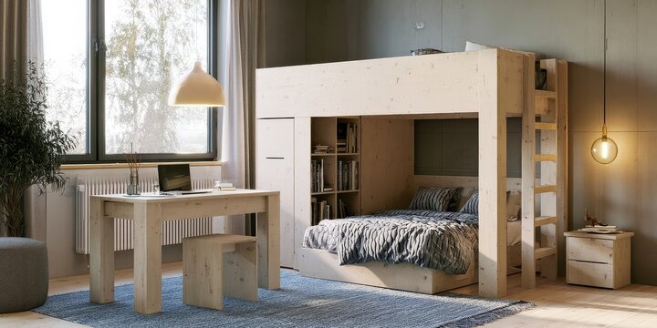 Loft bed room with afternoon side light with warm ambient light