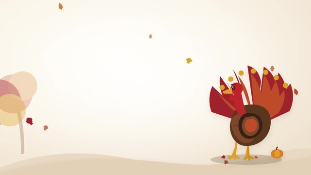 Thanksgiving turkey animation with falling autumn leaves, festive fall background with stylized bird and pumpkin, seasonal holiday greeting video