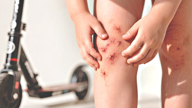 Child holding injured knee with multiple cuts and abrasions beside a bicycle. Childhood accident and injury. First aid and wound care. Cycling safety and recovery.