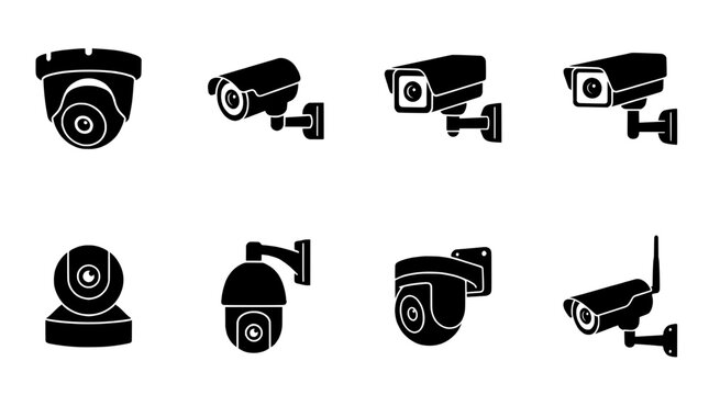 Security camera icons, cctv surveillance vector set, safety monitoring equipment symbols