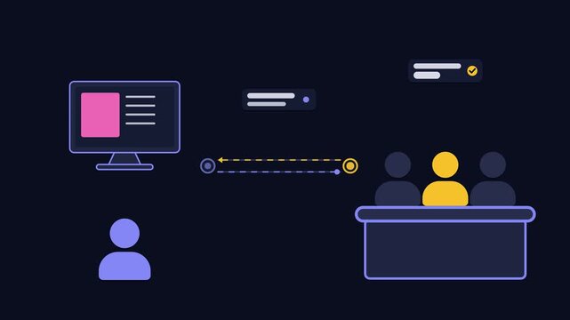 Animated defend thesis scene in a modern dark mode style with neon blue and azure accents and placeholder cards on a dark background. Smooth 4K seamless loop with room for text. Widescreen 16:9 footag
