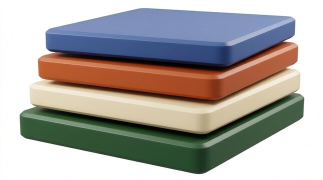 Stacked rectangular flat plastic blocks in blue, orange, beige, and green colors.
