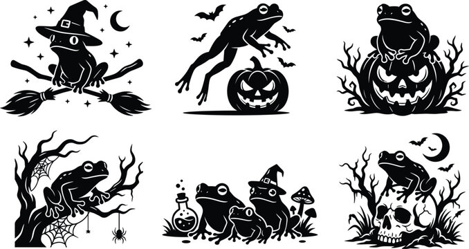 Funny cartoon frog silhouettes for halloween holiday, witches hat and pumpkin.