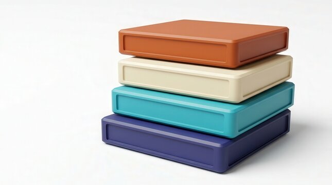 Stack of four colorful rectangular boxes in orange, cream, teal, and purple.