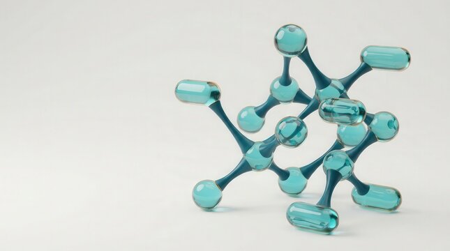 Molecular structure model with teal glass spheres on a clean white background surface.
