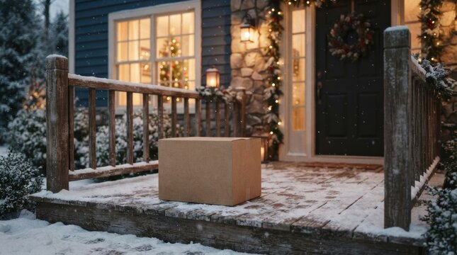 Cardboard parcel on snowy porch of decorated country house in winter. Christmas lights, garland and wreath on front door. Package delivery at holiday season. Online shopping concept.