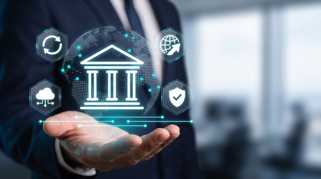 Global liquidity management, decentralized digital currency settlement. Executive hand presenting glowing classical bank dome with point-cloud earth globe and exchange loops for interbank capital.