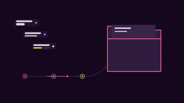 Seamless 4K looping animation illustrating deliver first draft. Flat vector shapes, glowing purple and violet details and dark interface cards with blank text placeholders sit on a deep dark backgroun