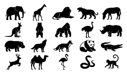 Fototapeta premium Zoo Animal Collection with Wild Animal Black Silhouette Vector Illustrations