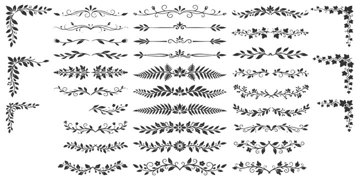 Vintage floral dividers, corners, and ornamental scroll flourishes vector illustration design set.