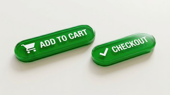 Glossy green buttons labeled add to cart and checkout featuring white text on isolated white background