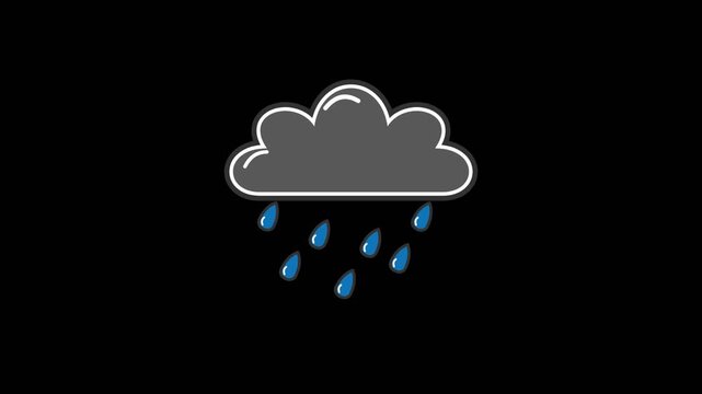 Minimalist vector illustration of a dark cloud with blue rain drops falling on black background