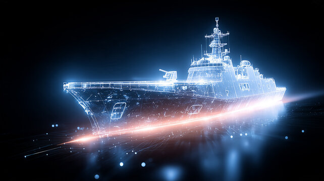 A digital naval vessel rendered with glowing wireframe lines represents smart maritime technology and advanced ship engineering.
