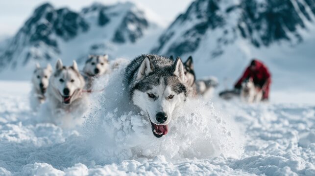 Husky dog leading sled dog team running fast through deep fresh snow with snowy mountain background in winter adventure race